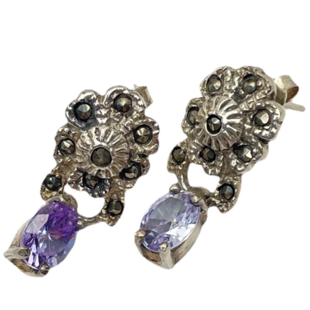 Vintage Sterling 925 Dangle Earrings Marcasite and Purple Stones